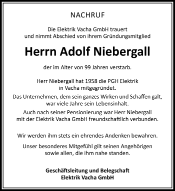 Traueranzeige von Adolf Niebergall von Südthüringer Presse