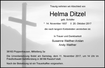 Traueranzeige von Helma Ditzel von Südthüringer Presse