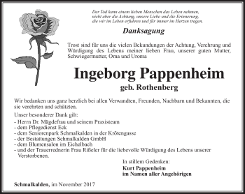 Traueranzeige von Ingeborg Pappenheim von Südthüringer Presse