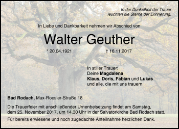 Traueranzeige von Walter Geuther von Neue Presse Coburg