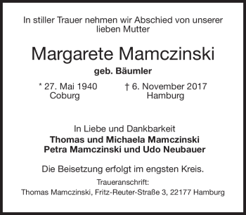 Traueranzeige von Margarete Mamczinski von Neue Presse Coburg