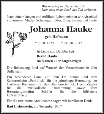 Traueranzeige von Johanna Hauke von Südthüringer Presse