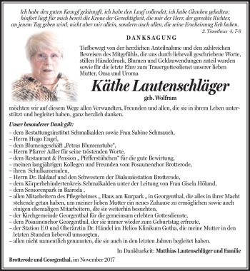 Traueranzeige von Käthe Lautenschläger von Südthüringer Presse