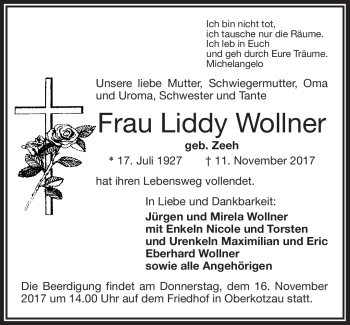 Traueranzeige von Liddy Wollner von Frankenpost