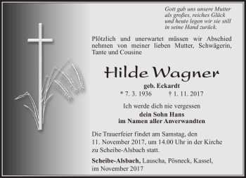Traueranzeige von Hilde Wagner von Südthüringer Presse