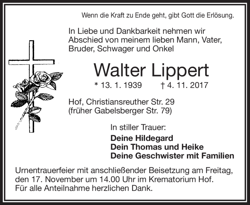  Traueranzeige für Walter Lippert vom 15.11.2017 aus Frankenpost