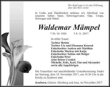 Traueranzeige von Waldemar Mämpel von Südthüringer Presse