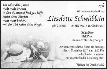 Traueranzeige von Lieselotte Schwäblein von Südthüringer Presse