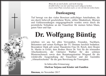 Traueranzeige von Wolfgang Büntig von Südthüringer Presse