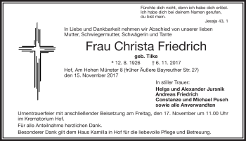 Traueranzeige von Christa Friedrich von Frankenpost