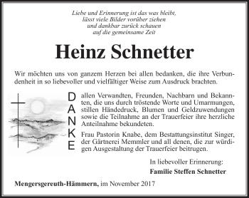 Traueranzeige von Heinz Schnatter von Südthüringer Presse