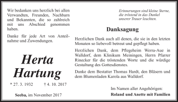 Traueranzeige von Herta Hartung von Südthüringer Presse