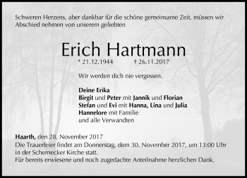 Traueranzeige von Erich Hartmann von Neue Presse Coburg