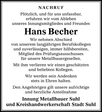 Traueranzeige von Hans Becher von Südthüringer Presse