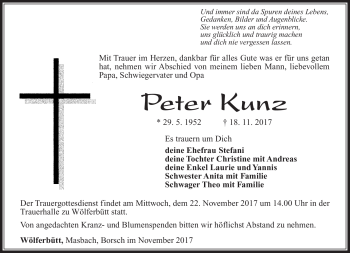 Traueranzeige von Peter Kunz von Südthüringer Presse