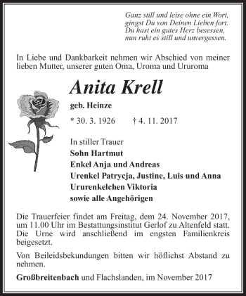 Traueranzeige von Anita Krell von Südthüringer Presse