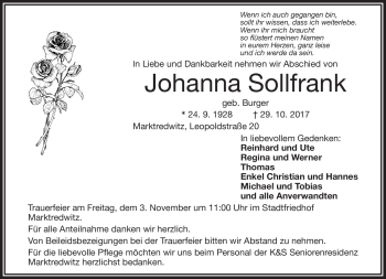 Traueranzeige von Johanna Sollfrank von Frankenpost