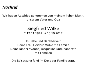 Traueranzeige von Siegfried Wilke von Südthüringer Presse