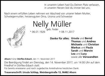 Traueranzeige von Nelly Müller von Neue Presse Coburg