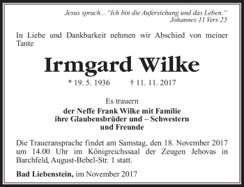 Traueranzeige von Irmgard Wilke von Südthüringer Presse