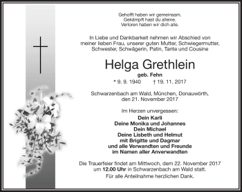 Traueranzeige von Helga Grethlein von Frankenpost