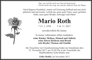 Traueranzeige von Mario Roth von Südthüringer Presse