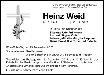 Traueranzeige von Heinz Weid von Neue Presse Coburg