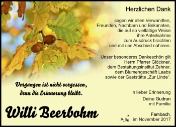 Traueranzeige von Willi Beerbohm von Südthüringer Presse