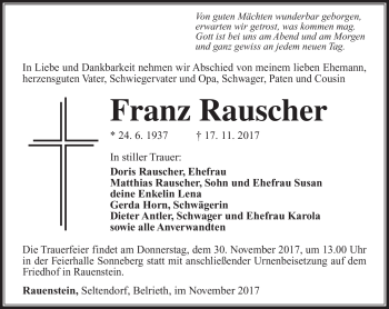 Traueranzeige von Franz Rauscher von Südthüringer Presse