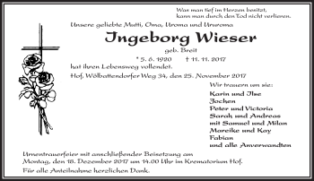 Traueranzeige von Ingeborg Wieser von Frankenpost