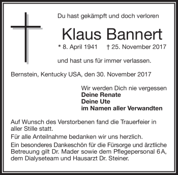 Traueranzeige von Klaus Bannert von Frankenpost