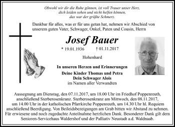 Traueranzeige von Josef Bauer von Frankenpost