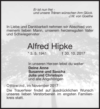 Traueranzeige von Alfred Hipke von Neue Presse Coburg
