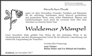Traueranzeige von Waldemar Mämpel von Südthüringer Presse