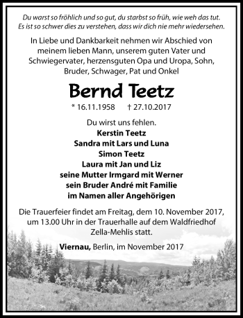 Traueranzeige von Bernd Teetz von Südthüringer Presse