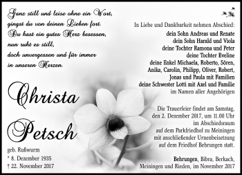 Traueranzeige von Christa Petsch von Südthüringer Presse