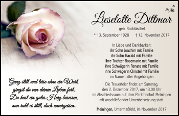 Traueranzeige von Lieselotte Dittmar von Südthüringer Presse