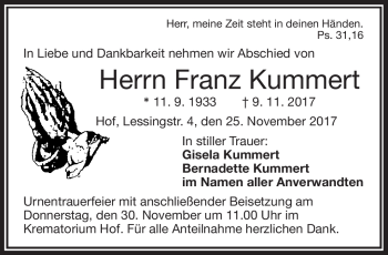 Traueranzeige von Franz Kummert von Frankenpost