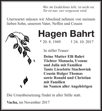 Traueranzeige von Hagen Bahrt von Südthüringer Presse