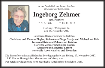Traueranzeige von Ingeborg Zehmer von Neue Presse Coburg