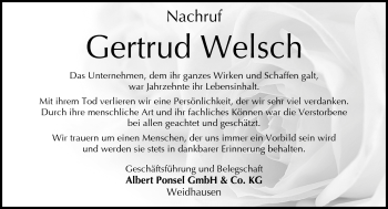 Traueranzeige von Gertrud Welsch von Neue Presse Coburg