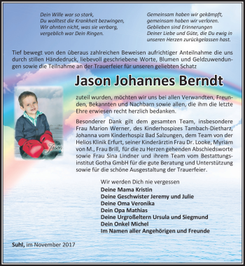 Traueranzeige von Jason Johannes Berndt von Südthüringer Presse