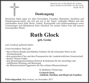Traueranzeige von Ruth Glock von Südthüringer Presse