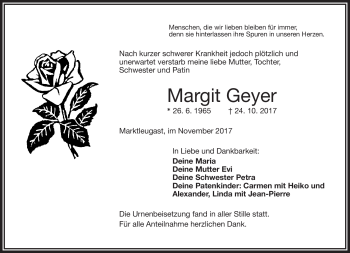 Traueranzeige von Margit Geyer von Frankenpost