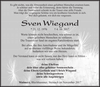 Traueranzeige von Sven Wiegand von Südthüringer Presse