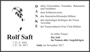 Traueranzeige von Rolf Saft von Südthüringer Presse