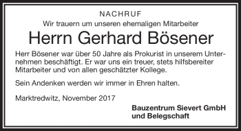 Traueranzeige von Gerhard Bösener von Frankenpost