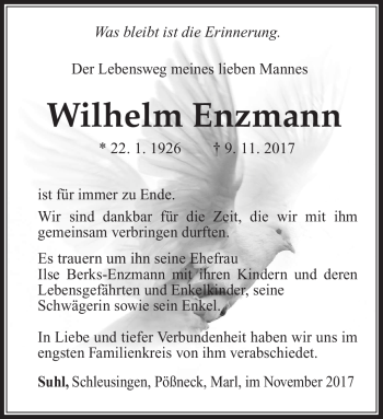 Traueranzeige von Wilhelm Enzmann von Südthüringer Presse