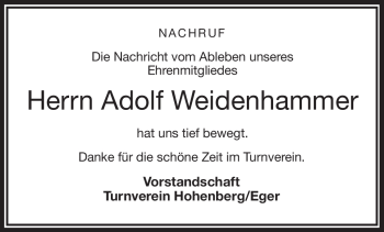 Traueranzeige von Adolf Weidenhammer von Frankenpost