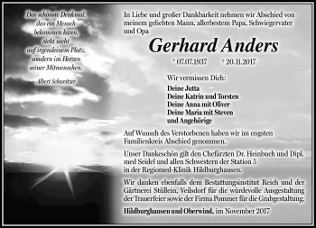 Traueranzeige von Gerhard Anders von Südthüringer Presse